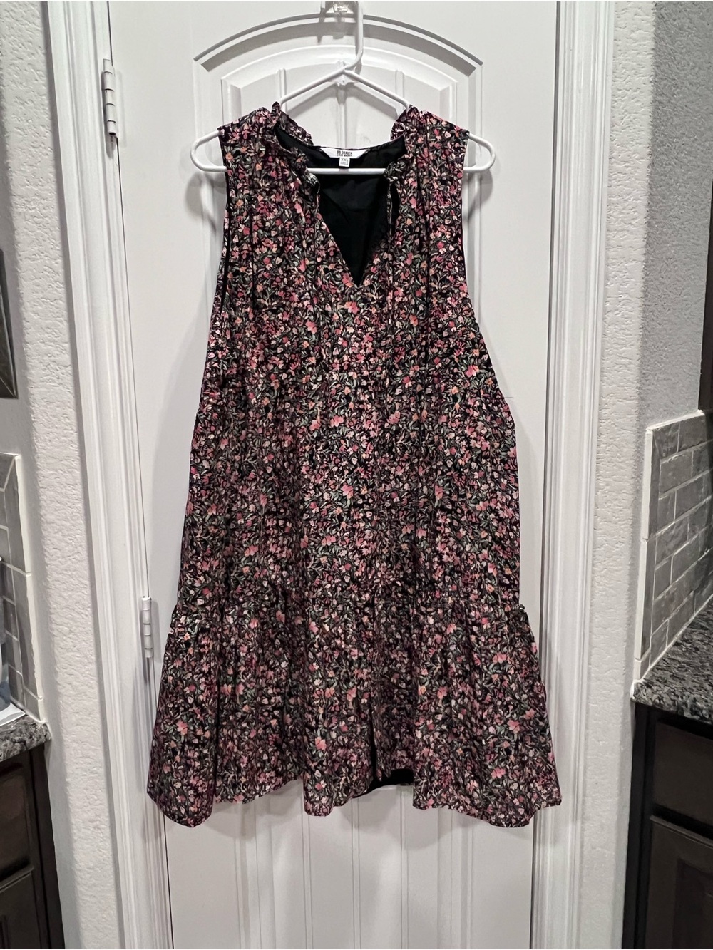BB Dakota Black Floral Sleeveless Swing Dress with Pink & Green Accents
